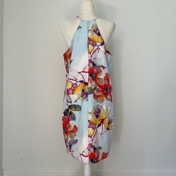 Trina Turk Blue Watercolor Floral Pinch Neck Halter Sleeveless Dress sz 12 - Picture 6 of 9